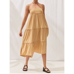 Sancia Women's Saffron Linen Saskia Midi Dress Shirred Panel Side Pockets Size S